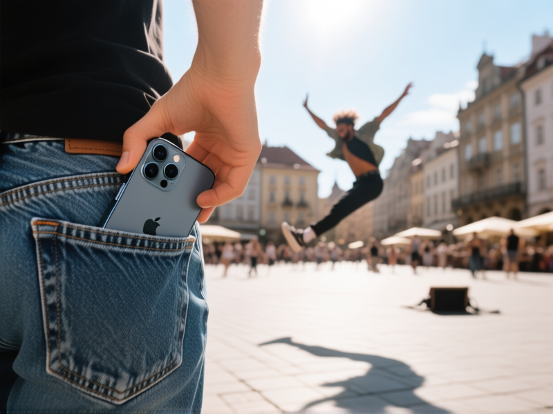 stable diffusion prompt: vibrant scene, a hand pulling a modern smartphone from a jean pocket to capture a fleeting moment—a street performer mid-jump in a bustling European square, afternoon sun, shallow depth of field, photojournalistic