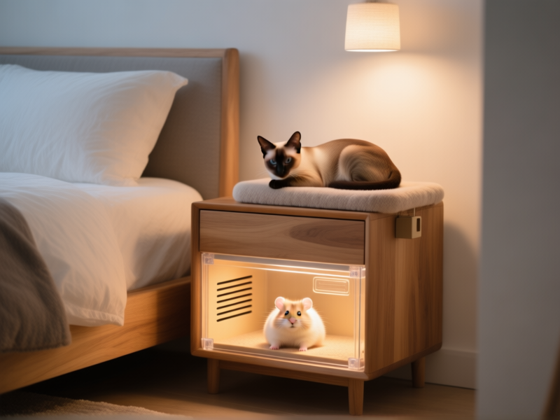 Bedside Table Upgrade: A Nightstand with Integrated Cat Perch & Cage