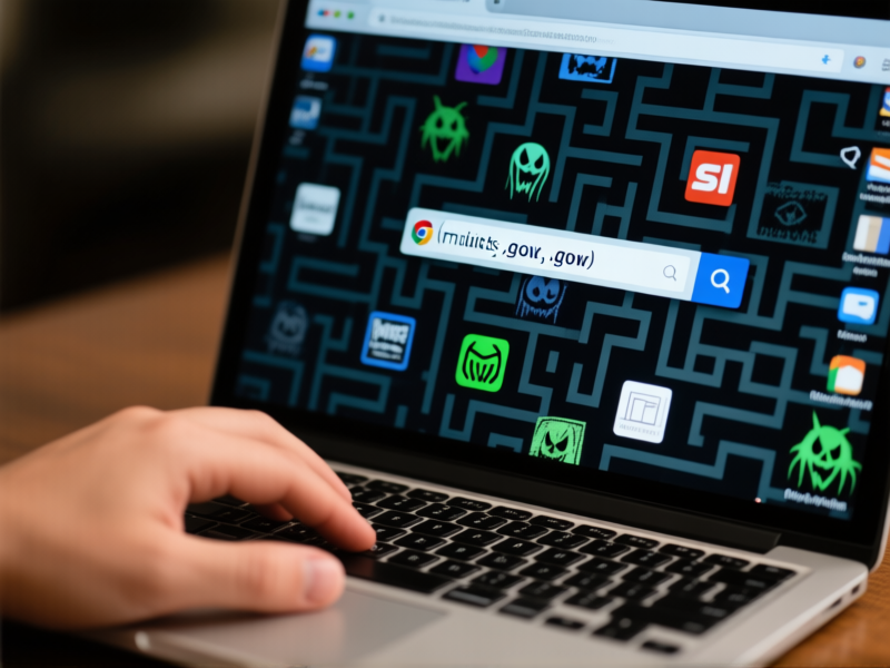 A person's hand using a laptop, the screen showing a confusing maze of browser tabs and bookmarks. One tab clearly displays a legitimate .gov URL, highlighted, while others show sketchy-looking sites. Style: detailed photorealistic, shallow depth of field.