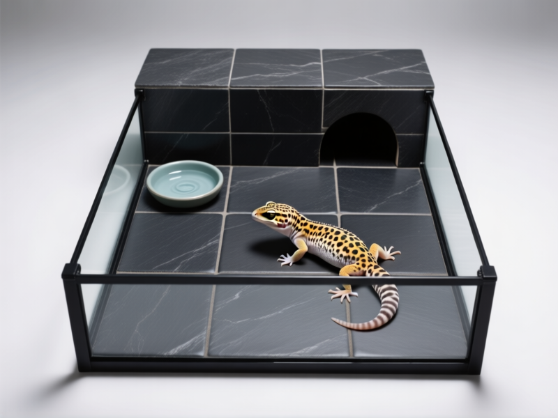 top-down view of a leopard gecko enclosure, beautiful dark slate tile flooring cut to fit perfectly, a shallow water dish and hide on top, minimalist and clean, studio lighting, sharp focus, hyper-detailed