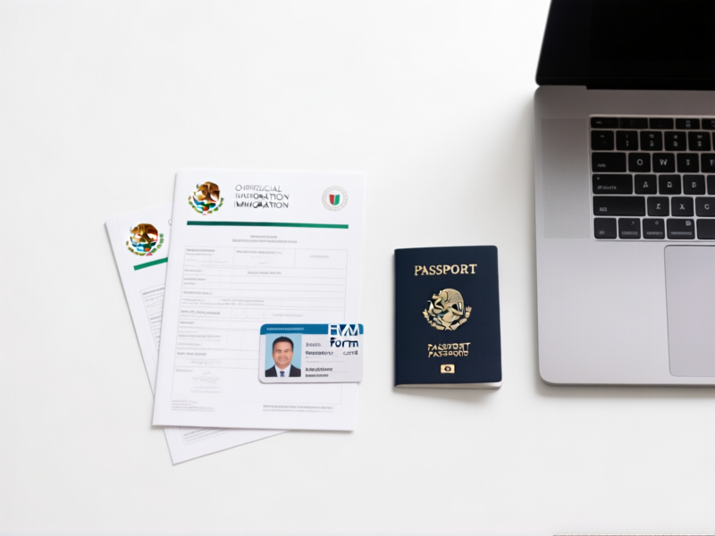 A clean, minimalist flat-lay of official Mexican immigration documents (FMM form, residency card) next to a passport and a sleek laptop. Professional lighting, sharp focus, clean white background. Style of a modern official brochure.