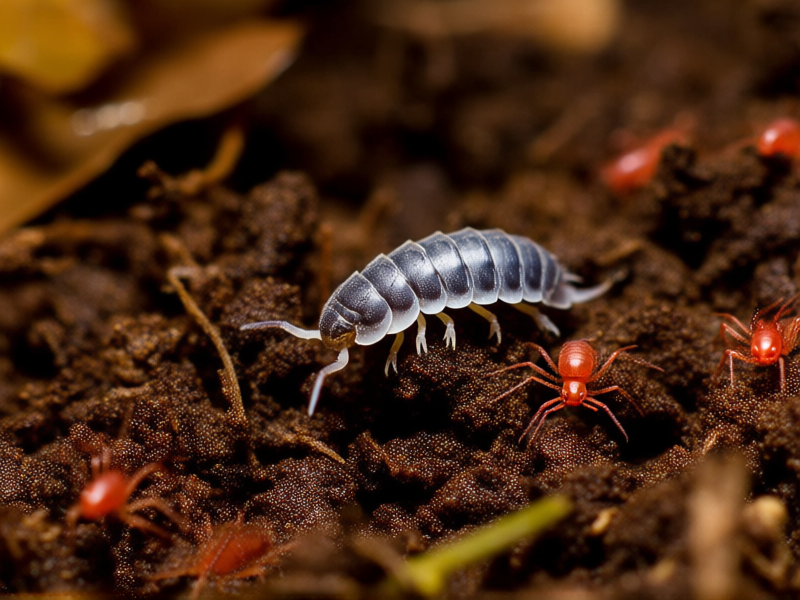 Extreme macro photography, top-down view into a leopard gecko terrarium substrate, focusing on a cluster of dark grey and white Dwarf White Isopods and a few small, reddish Springtails moving through moist leaf litter and soil. Sharp focus, intricate details on insect exoskeletons, natural early morning terrarium lighting.