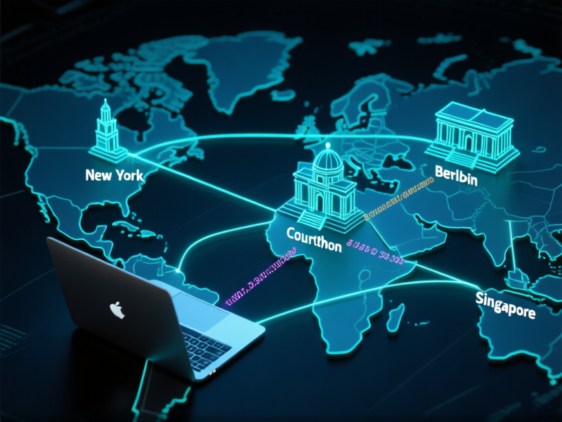 A detailed 3D infographic map with glowing lines connecting a laptop in Lisbon to courthouses in New York, Berlin, and Singapore. Lines are labeled with different legal codes. Digital art, clean lines, dark background, concept of global legal networks.