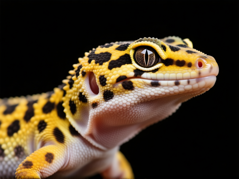 Macro close-up of a leopard gecko's head and body, clearly showing a thick, fatty roll where the neck should be. No distinct separation from head to shoulders. Hyper-detailed, studio lighting on yellow and black pattern. --ar 4:3