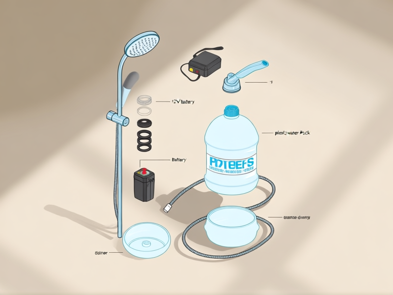 Exploded view diagram of all parts for a portable shower: 12V pump, battery pack, plastic water jerry can, shower hose, and nozzle. Clean, instructional style on a neutral background, soft shadows.