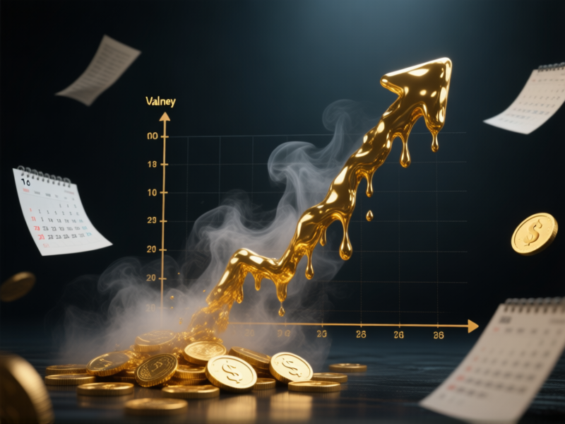 Midjourney prompt: An abstract data visualization of a van's value evaporating over time. A 3D graph line plunging downward, made of melting gold coins and vapor. Dark, moody background with faint calendar pages blowing away. --ar 16:9 --style raw