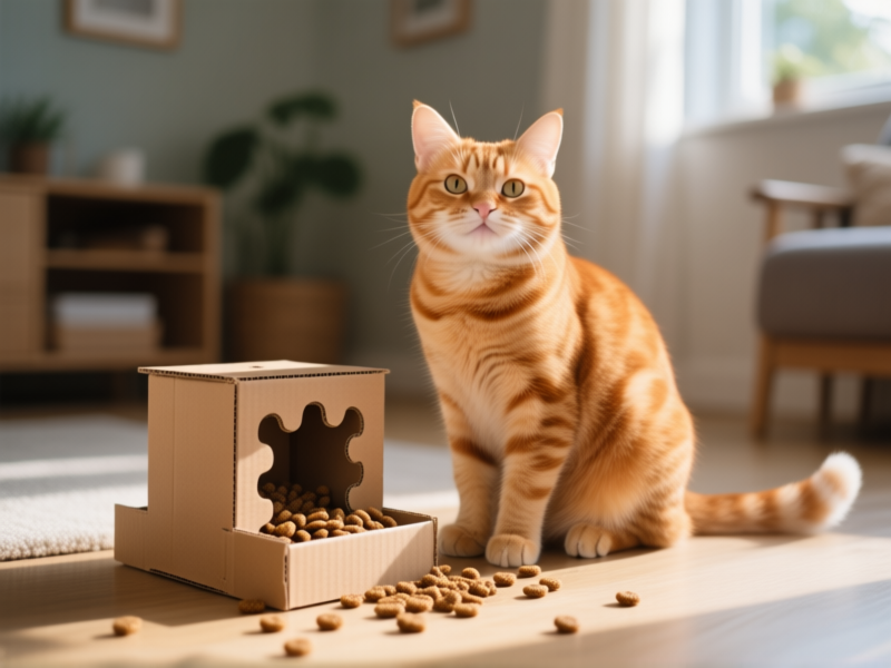 Midjourney Prompt: a satisfied-looking ginger tabby cat sitting proudly next to a simple DIY cardboard puzzle feeder with kibble pieces scattered around, natural morning light, shallow depth of field, home environment, sense of accomplishment --ar 16:9