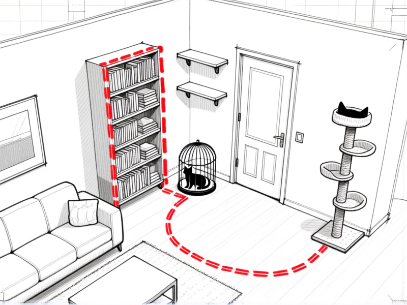 Midjourney prompt: An architectural blueprint style drawing, sketched over a photo of a modern living room with a cat cage in the corner. Vibrant red dashed lines trace a path up a bookshelf, across floating wall shelves, over a doorway, and down a cat tree, creating a loop. Top-down perspective. --ar 16:9 --style raw