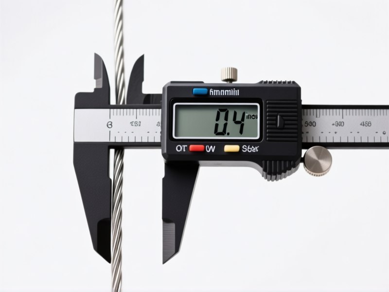 A clean, minimalist product shot showing a caliper measuring the exact gap between two thin metal wires, the digital readout clearly showing '0.4 inches', studio lighting, white background, sharp focus on the measurement, technical illustration vibe.
