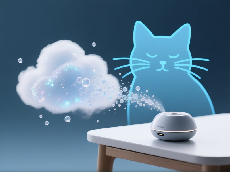 Scientific diagram style, macro view. A soft cloud of shimmering, translucent particles (pheromones) drifts from a sleek diffuser on a side table. A stylized, serene cat silhouette is superimposed, with calming blue lines radiating from its facial area towards the particles. Clean, minimalist, infographic aesthetic. --ar 4:3 --style raw