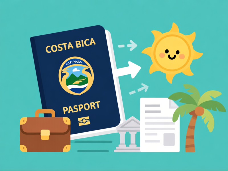 AI IMAGE PROMPT: Simple, clean graphic design. A stylized, friendly illustration of a Costa Rican passport. A golden sun symbol is next to it. Arrows point to icons: a briefcase, a bank statement, a palm tree. Visual is infographic style, clear and professional, with warm tropical colors. --ar 3:2 --style raw