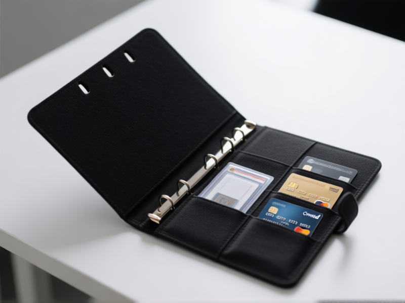 midjourney prompt: clean minimalist desk setup with a single, elegant black binder opened to reveal a plastic trading card sheet, sleek business and credit cards neatly slotted into each pocket, sharp focus, bright diffused studio lighting, on a soft grey felt background --ar 16:9