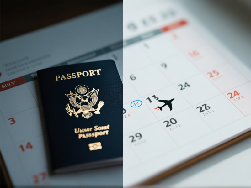 Conceptual split image of a passport and a calendar with flight dates marked, cinematic lighting, minimalist, symbolic representation of travel planning, soft focus background