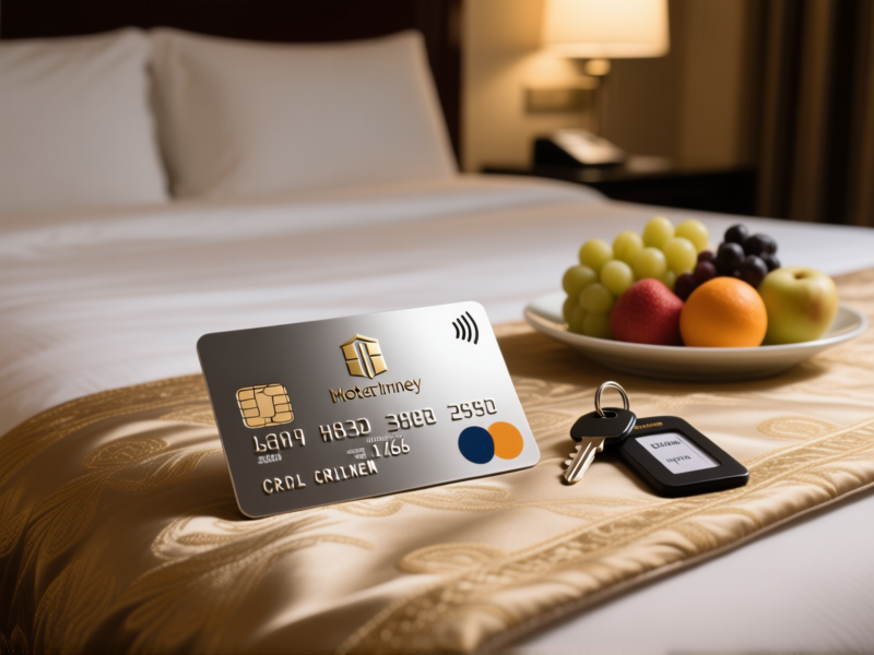Midjourney Prompt: A sleek, metallic credit card embossed with a hotel logo rests on a luxury hotel bedspread, a keycard and a welcome fruit platter beside it, photorealistic, studio lighting --ar 16:9
