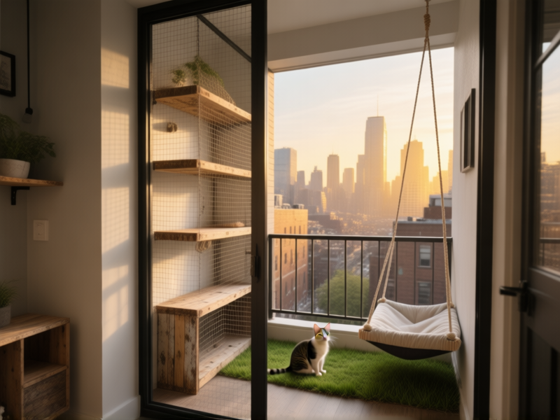 Midjourney/SD Prompt: View from inside a small modern apartment looking out onto a narrow urban balcony. The balcony is fully enclosed with a sturdy, almost invisible mesh frame creating a catio. Inside, a multi-level system of weathered wood shelves, a small patch of cat grass, and a hanging bed. City skyline in background, golden hour lighting. --ar 16:9
