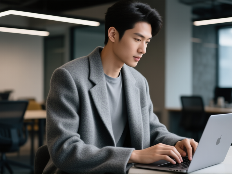 Stable Diffusion prompt: A modern, unstructured blazer in grey wool-blend, worn over a simple t-shirt. The fabric has a slight stretch, no wrinkles. Shot from the side, person typing on a laptop in a stylish co-working space. Cinematic lighting, focus on texture of the fabric. Photorealistic, fashion photography. --ar 4:5 --style raw