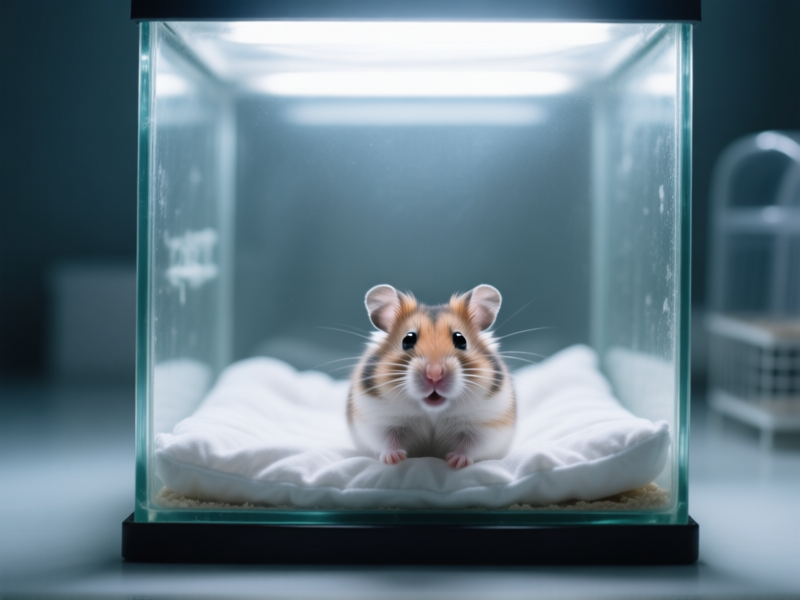 A Syrian hamster wide-eyed and frozen on empty bedding in a stark, overly bright glass tank. The setup feels clinical and empty. Moody, cold lighting. –ar 16:9