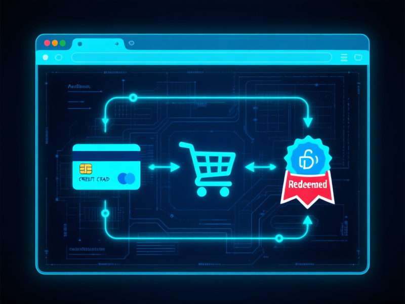 Stable Diffusion prompt: A glowing, intricate blueprint overlay on a browser window. Transparent lines connect a credit card icon, a shopping cart logo, and a 'Redeemed' badge, showing data flow. Style: clean technical illustration, neon blue accents on dark background, infographic aesthetic.--ar 16:9