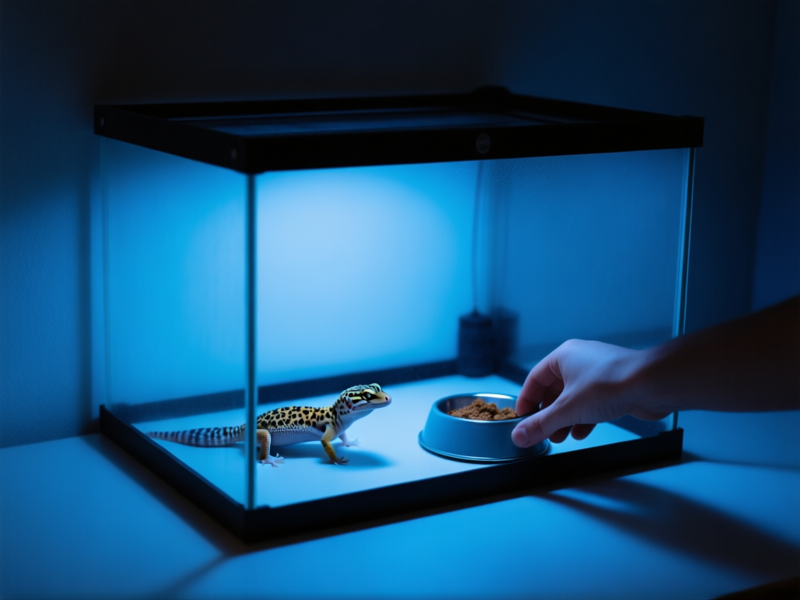 A clean, simple leopard gecko tank setup with a food dish. A human hand enters from the side at the same time every day, casting a soft shadow. Moody, focused lighting, blue hour ambiance.