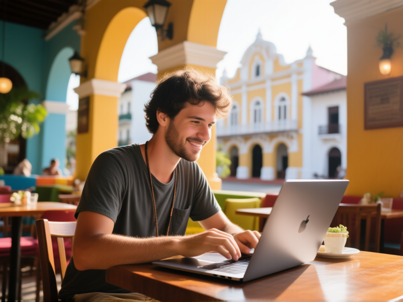 A digital nomad working on a sleek laptop at a vibrant cafe in Casco Viejo, Panama, colonial architecture in background, morning light, candid shot, detailed textures, realistic human expression, f/2.8