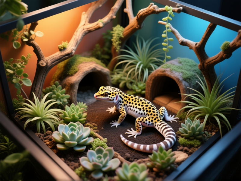 Stable Diffusion prompt: A bioactive leopard gecko enclosure with a dynamic, 3D background, multiple climbing branches at different angles, and a deep clutter of safe plants like succulents and air plants. Top-down view, showing a complex layout with hides on both warm and cool sides. Naturalistic, vibrant, realistic texture.