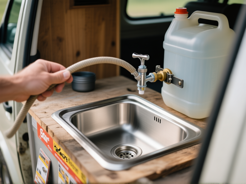 Midjourney Prompt: Close-up photo of a DIY campervan sink installation, using a small rectangular stainless steel bar sink from a hardware store, connected to a portable 5-gallon water jug with a simple spigot hose. Hand-tightened clamps, slight rustic feel, practical and unpolished. Shot from a low angle, shallow depth of field --ar 16:9 --style raw