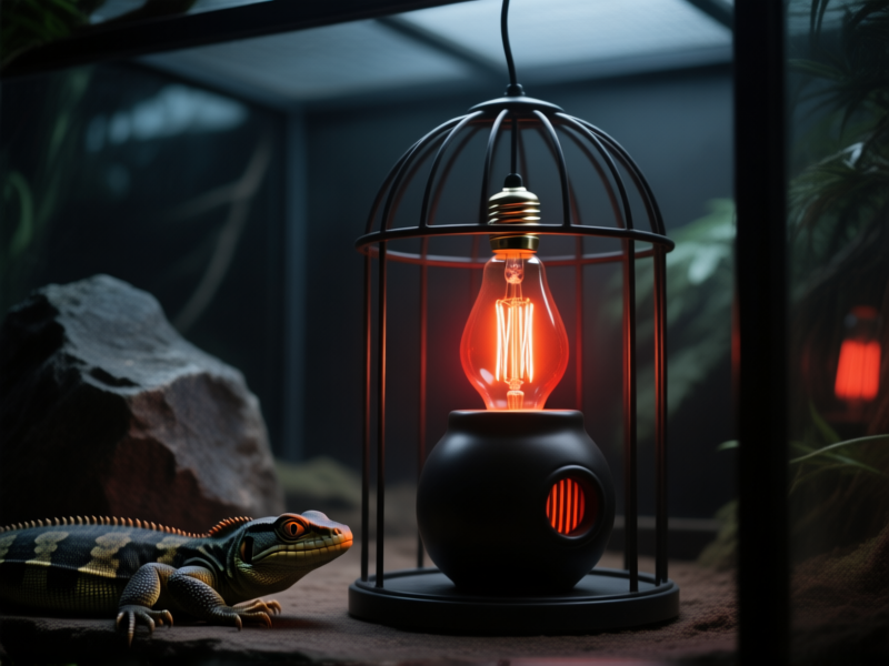 Midjourney prompt: A single black ceramic heat emitter bulb, glowing a dull orange-red from within, in a wire cage dome lamp. Dark reptile terrarium background with shadows and a hint of a rock formation. Moody, dramatic lighting. --ar 16:9