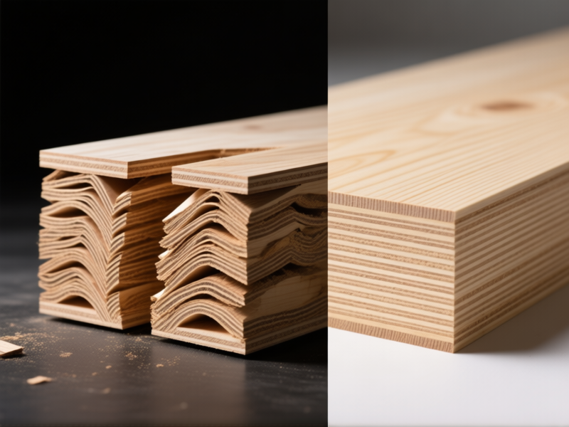 AI Image Prompt: A dramatic split-screen comparison. Left: A cross-section of warped, delaminated plywood with visible gaps. Right: A perfectly intact plywood cross-section, showing tight, even layers. Macrophotography, studio lighting, high detail --ar 16:9