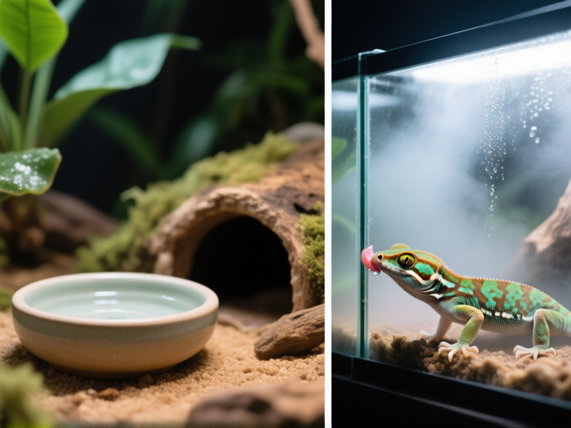 Two contrasting reptile terrarium setups: Left, a clean shallow ceramic water bowl next to a hide. Right, a gecko licking moisture from a glass wall in a misted cage. Studio lighting, side-by-side composition, hyper-realistic.