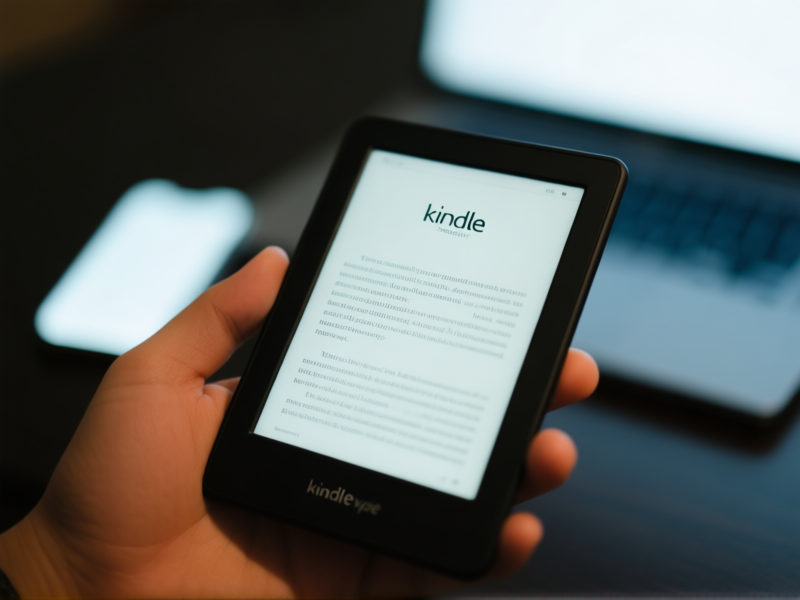 AI Visual Prompt: A close-up of a hand holding a Kindle Paperwhite. The screen shows crisp, glowing text in a custom font. Everything else in the frame is softly blurred, with the faint glow of a phone screen and a laptop in the distant background out of focus. Concept: singular focus.