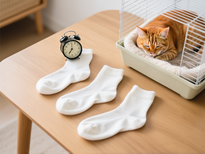 Three clean, soft, white cotton socks lying on a wooden table. One is near a snoozing orange tabby cat, one is tucked into the corner of a hamster's cage bedding, and one is neutral. Clean, minimalist aesthetic, top-down photo style, sharp focus.