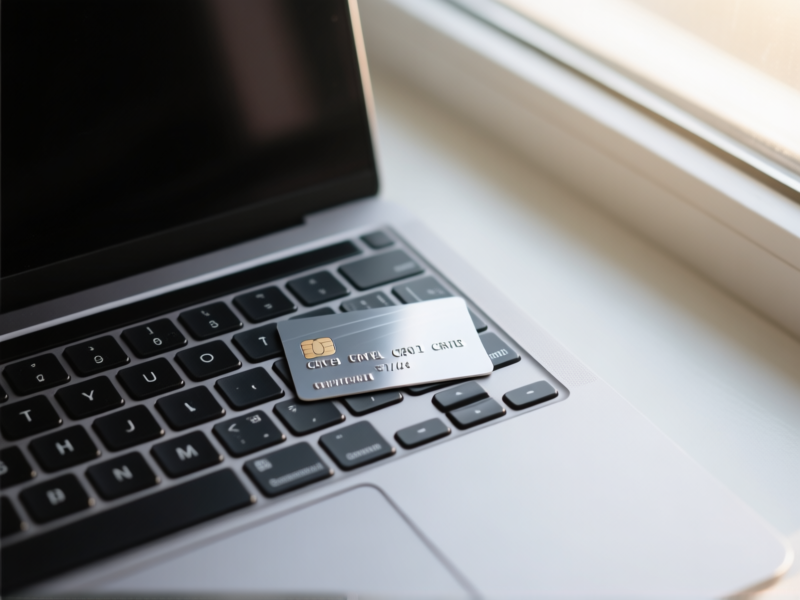 An aerial shot looking down on a modern laptop keyboard, a sleek travel credit card placed on the 'enter' key. Soft morning light through a window, focus on the card's metallic finish, concept of decision and action, shallow depth of field, --ar 16:9