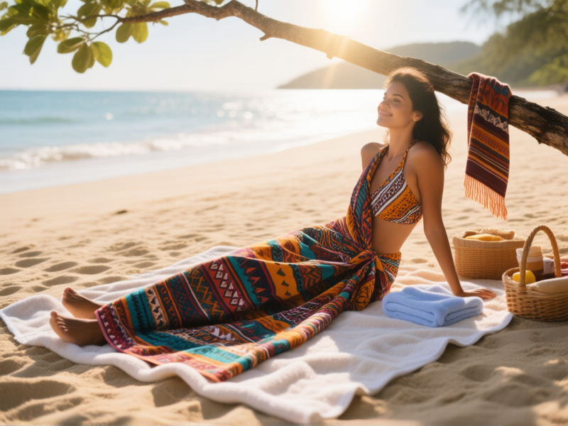 [Midjourney/SD Prompt: A vibrant patterned sarong laid out on a sandy beach, shown being used in multiple ways: as a towel, a scarf, a picnic blanket, and draped over a branch for shade. Cinematic lighting, sun flare, travel photography style]