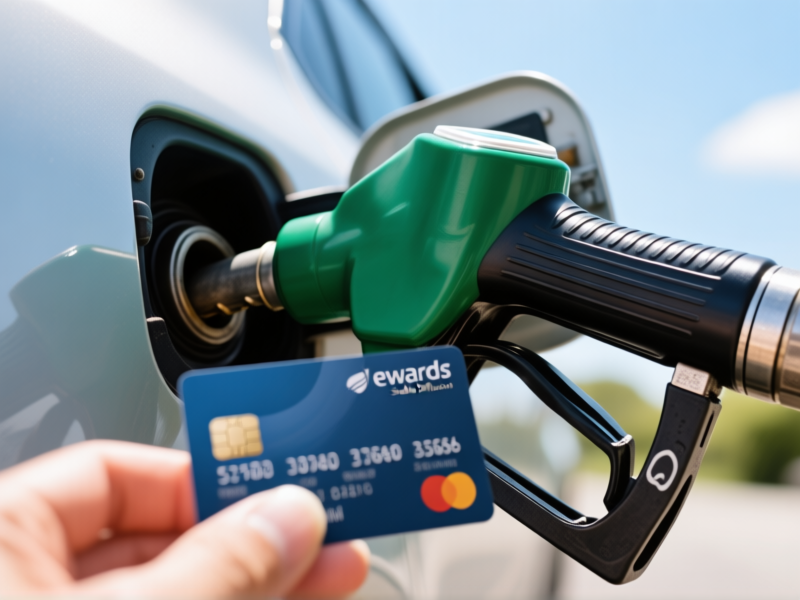 Close-up of a fuel pump nozzle inserting into a car, with a rewards card in the foreground, bright daylight, hyperrealistic, Stable Diffusion prompt