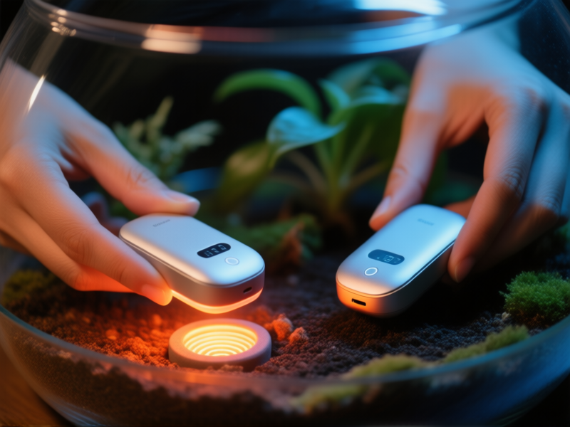 Close-up of a person's hands placing two small, sleek digital devices in a terrarium. One on the warm-side basking spot, one in the cool, shaded area. Dynamic lighting showing the heat gradient, sharp focus on the devices. --ar 16:9