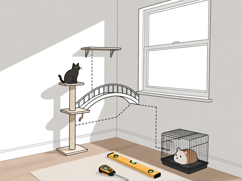 Cat Bridge Planning AI Image Prompt: A minimalist, annotated sketch overlay on a photo of a room corner. Lines show potential bridge routes from a cat tree to a wall shelf to a window ledge, ending at a hamster cage. Tools like a stud finder and level are on the floor. Style is technical diagram meets lifestyle blog, clean lines, flat design elements. --ar 16:9 --style raw