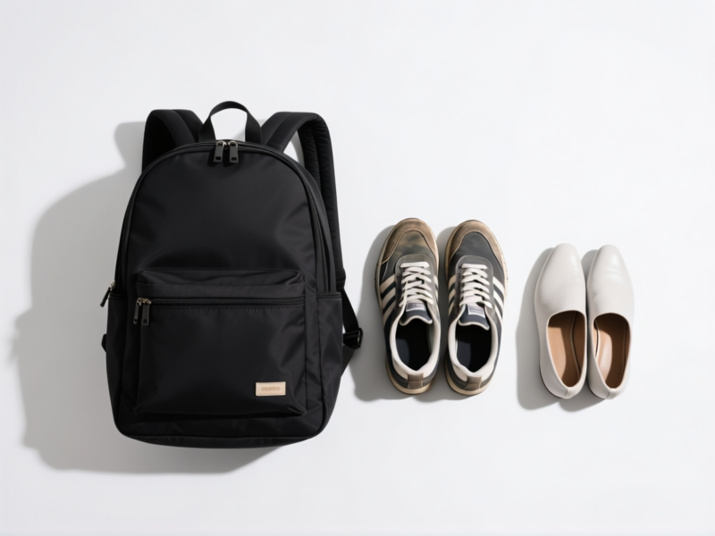 minimalist flat-lay from above, a perfectly packed black travel backpack, one pair of worn sneakers placed neatly beside it, one new pair of minimalist shoes placed on the other side, clean white background, studio lighting, symmetry