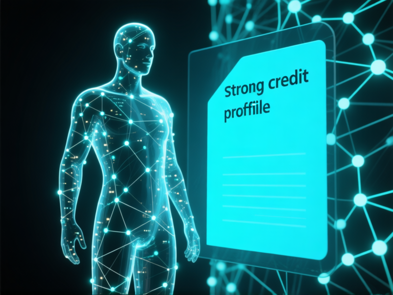 Stable Diffusion prompt: A transparent human silhouette filled with glowing, interconnected data points and thin, faint lines, standing next to a thick, solid, brightly lit network. Concept art style, illustrating a 'thin file' vs. a 'strong credit profile'. --ar 16:9