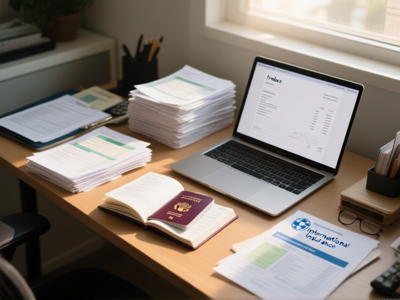 Stable Diffusion Prompt: An overhead desk shot, organized chaos. A passport is open, next to neatly stacked bank statements, a laptop showing a freelance invoice, and international health insurance documents. Soft morning light. Cinematic, detailed, tangible. --ar 16:9