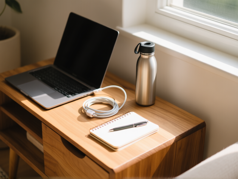 Close-up on a wooden side table in a sunlit corner of an Airbnb. A laptop, a sleek water bottle, a charging cable neatly coiled, and a small notebook with a pen are arranged deliberately. Focus on texture and organization. Warm, productive vibe. --ar 4:3 --style raw