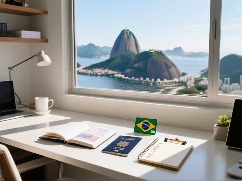 Midjourney Prompt: Clean, well-lit desk in a modern Rio de Janeiro apartment with a panoramic view of Sugarloaf Mountain outside a large window. A passport is open next to a visa stamp, a Brazilian SIM card, and a notepad with a checklist. Sunlight streams in, everything is organized. Style of a professional stock photo, sharp focus, inviting. --ar 16:9 --v 6.0