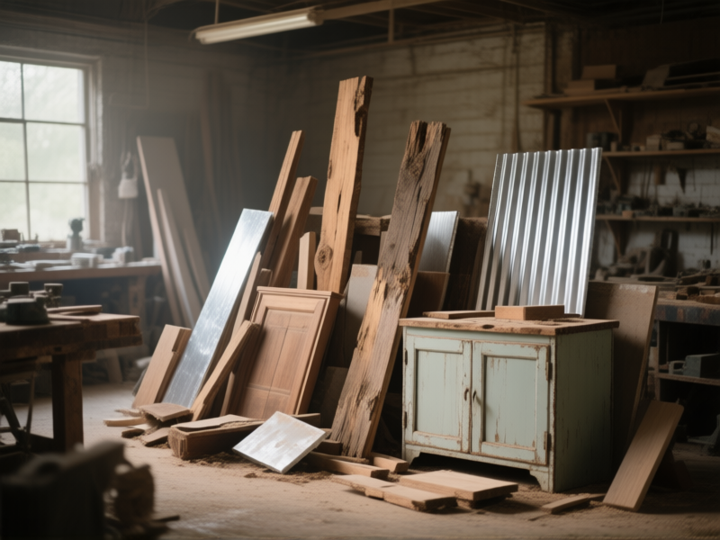 Midjourney prompt: A detailed still life of salvaged building materials—reclaimed wood, used cabinets, and aluminum sheets—arranged artistically in a workshop, soft natural light, hyperrealistic.