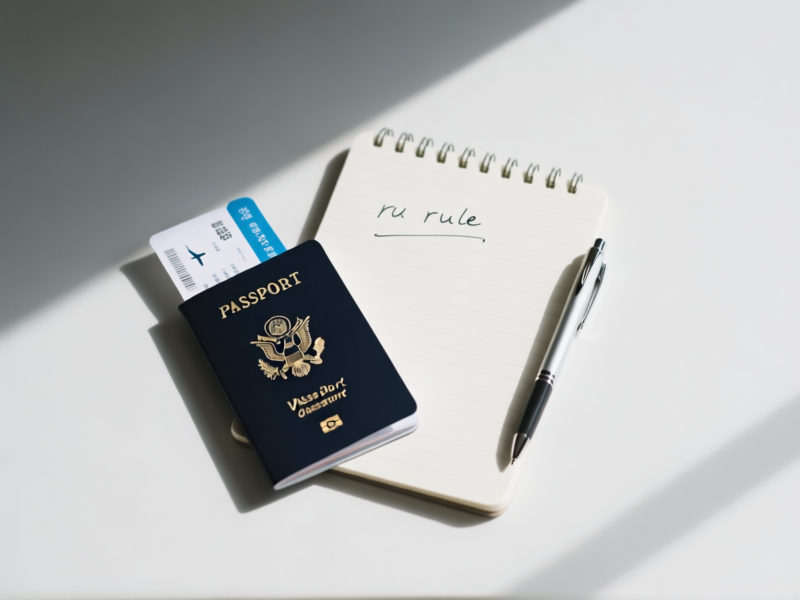 minimalist flat lay from above: an open passport, a simple notebook with a handwritten rule, a sleek pen, a plane ticket. Clean, organized aesthetic with soft shadows. Top-down view, sharp focus, serene vibe.