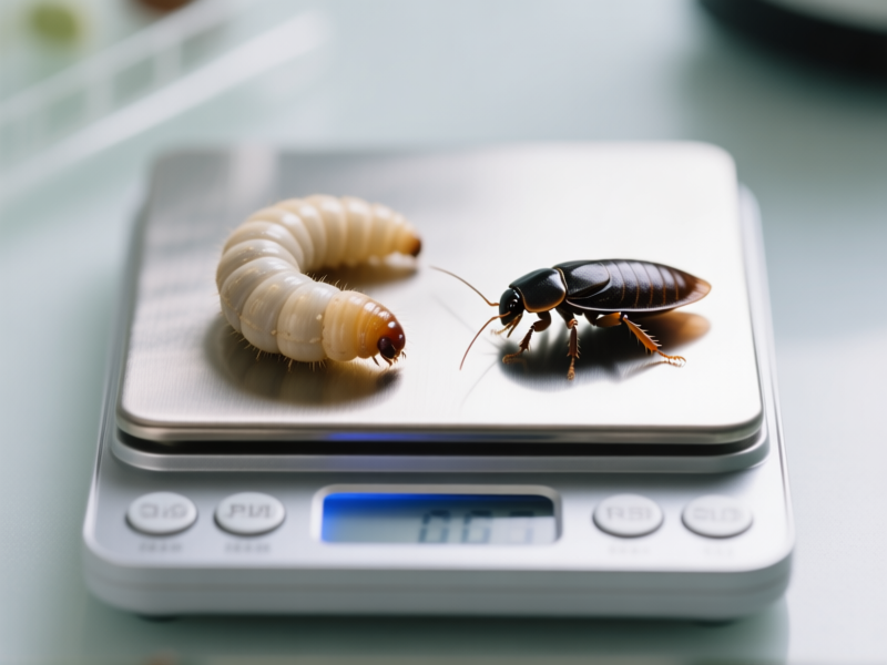Direct comparison: a plump, pale mealworm and a firm, dark dubia roach side-by-side on a digital kitchen scale. Sharp focus, scientific aesthetic, soft light