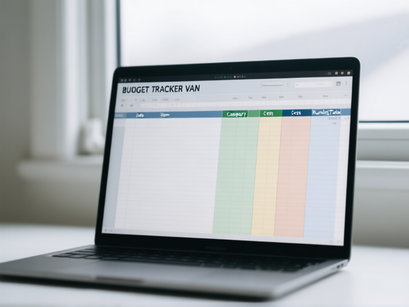 A clean, minimalist laptop screen showing a simple but effective spreadsheet for BUDGET TRACKER VAN, columns for Date, Item, Category, Cost, running total, visual is clean and calming, soft focus on screen, van window in background --style raw