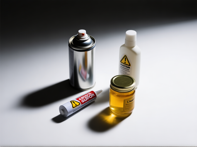 A minimalist, cautionary product shot of common household items against a white background: a can of glossy spray paint, a tube of silicone caulk, a bottle of varnish, a jar of linseed oil. Dramatic, moody lighting. Overhead view