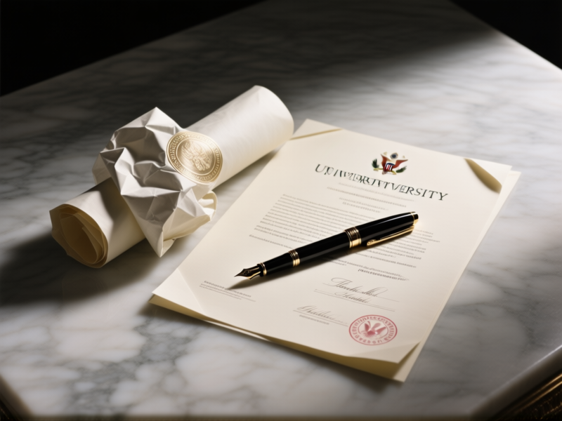 AI image prompt: A symbolic still life, a university diploma elegantly crumpled next to a thick, official-looking translated document with government stamps, a high-end pen resting on top, stark studio lighting on a marble surface, hyperrealistic detail, muted color palette.