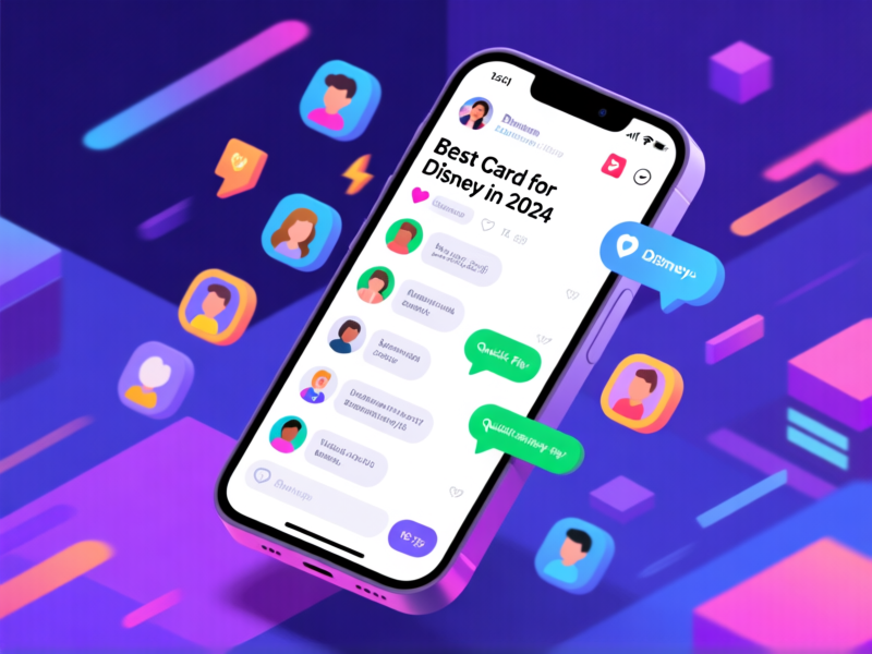 A dynamic phone screen showing a vibrant, fast-moving forum thread titled 'Best Card for Disney in 2024'. Multiple user avatars and quick-fire comments are visible, conveying a sense of active community. Digital art, vibrant UI elements, isometric perspective --ar 16:9