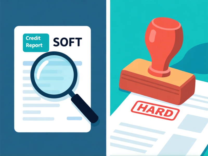 Split-screen visual: Left side shows a gentle magnifying glass over a credit report labeled 'SOFT', right side shows a heavy stamp slamming down on a report labeled 'HARD'. Digital art, clean vector style.