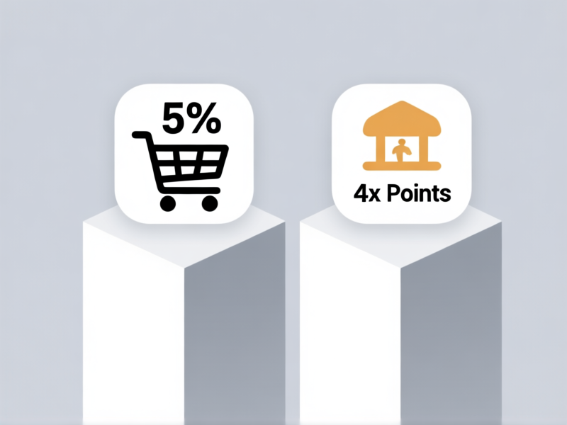 AI Image Prompt: A graphic, clean financial infographic showing two distinct pillars. Left pillar: Flat Icon of a grocery cart with '5%' bold text. Right pillar: Flat Icon of a restaurant with '4x Points'. Minimalist, professional, on a light grey background. --ar 16:9